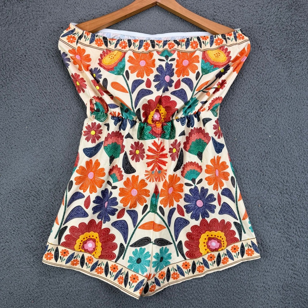 SHEIN Womens Floral Print Strapless Tube Top Romper Cream Orange Blue Size M